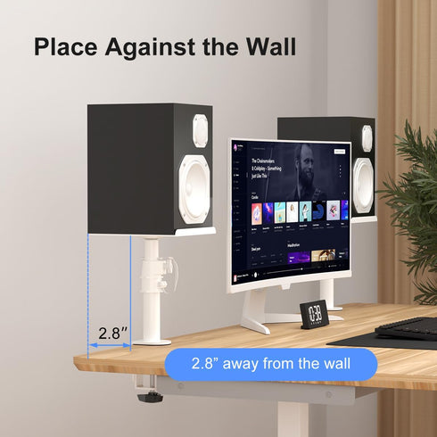 suptek Clamp-on Speaker Stand Desk Mount Set, Height Adjustable, Tilt, Swivel, 2 Pack, Universal Audio Holders, White