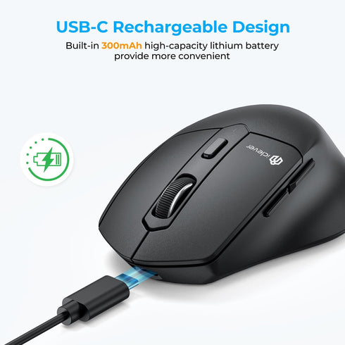 iClever Bluetooth Mouse, MD360 Wireless Ergonomic Mouse with Mouse Jiggle, Rechargeable for Multi Devices