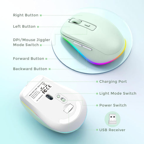 PEIOUS Wireless Mouse Jiggler - LED Wireless Mice with Built-in Mouse Mover, Rechargeable for Laptop