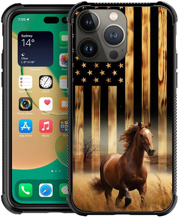 DJSOK Classic Wood Grain American Flag Horse Case for iPhone 14 Plus - Rugged Dual Layer Shockproof Cover for Men &