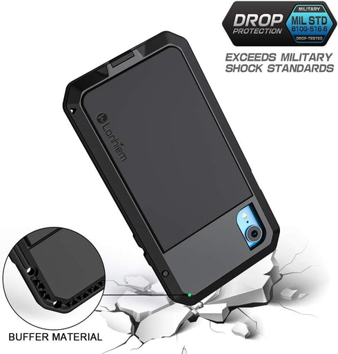 Lanhiem iPhone XR Metal Case, Heavy Duty Shockproof Rugged Full Body Cover with Built-in Glass Protector, Black