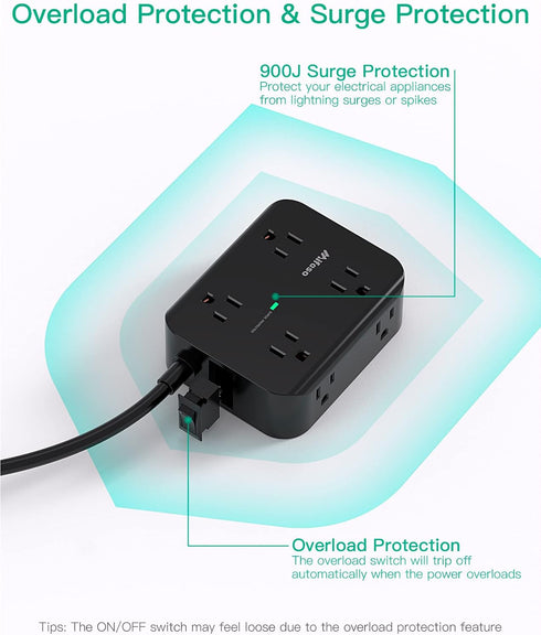 Extension Cord 10 FT - Flat Plug Power Strip Surge Protector with 8 Outlets and 4 USB Ports, Indoor Home Office