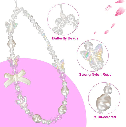 2pcs Beaded Phone Bracelet Strap, Crystal Butterfly Flower Pearl Lanyard for Women Phone Keychain Charm