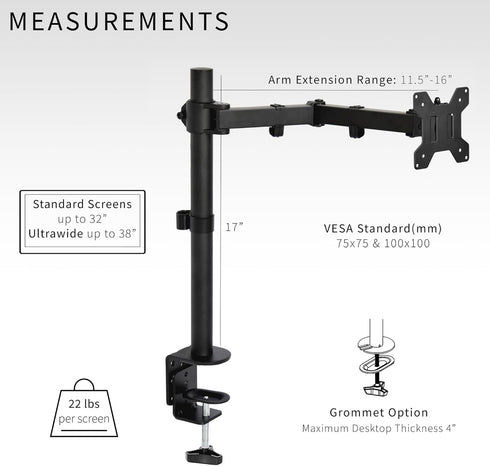 VIVO Single Monitor Arm Desk Mount, Holds Screens up to 32 inch Regular and 38 inch Ultrawide