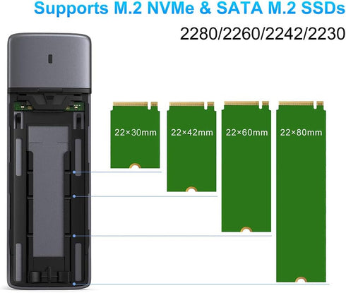 M.2 NVMe SATA SSD Enclosure Adapter, Tool-Free USB 3.2 Gen2 10Gbps External NVMe to USB PCI-E SATA