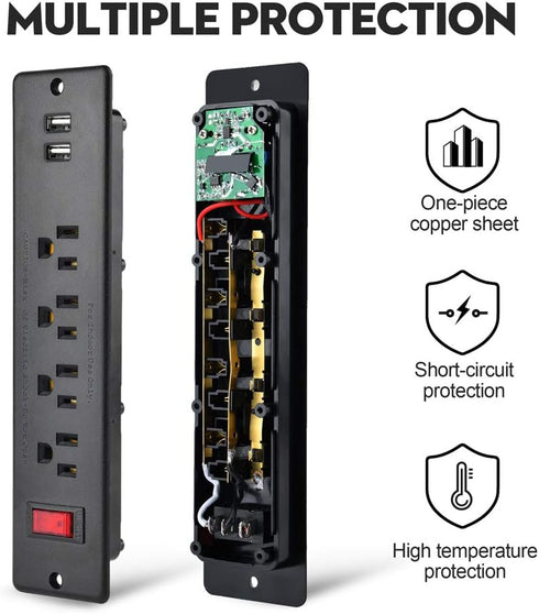 Mountable Power Strip, Recessed Power Strip with USB, 4 Outlet 2 USB, Multiple Protection for Conference Desk and Home