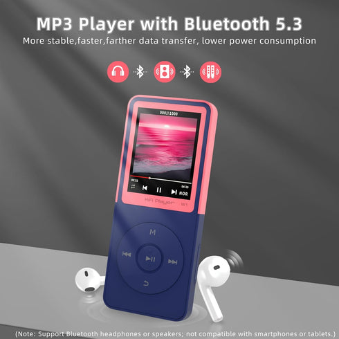 GOPOSOO MP3 Mp3 Artist/Album/Style,FM (Pink,32GB) Player with Bluetooth Portable Bluetooth Music Player,EQ,Breakpoint