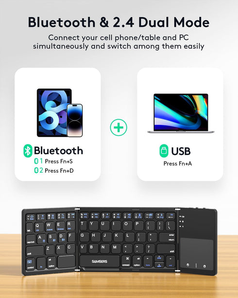 Samsers Multi-Device Foldable Bluetooth Keyboard with Touchpad, Rechargeable Wireless Keyboard for Android Windows iOS