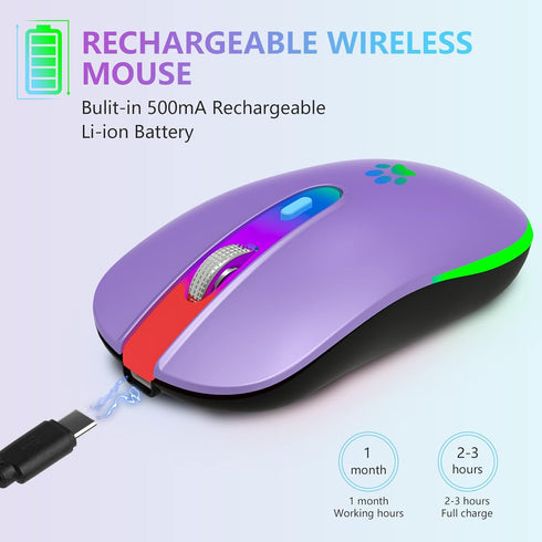 FUWANG Wireless Mouse, Rechargeable LED Bluetooth Mouse, Portable USB Optical 2.4G Wireless Computer Mice (Purple)