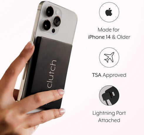 Clutch Pro Portable Charger for iPhone 14 or Older, Magnetic Battery, TSA Approved Travel Charger, Built-in Cable, Black