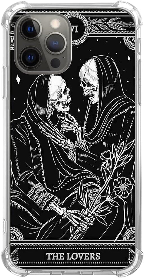 The Lovers Tarot Card Skull Black Case for iPhone 12/12 Pro, Trippy Psychedelic Aesthetic Cool Skeleton Cover