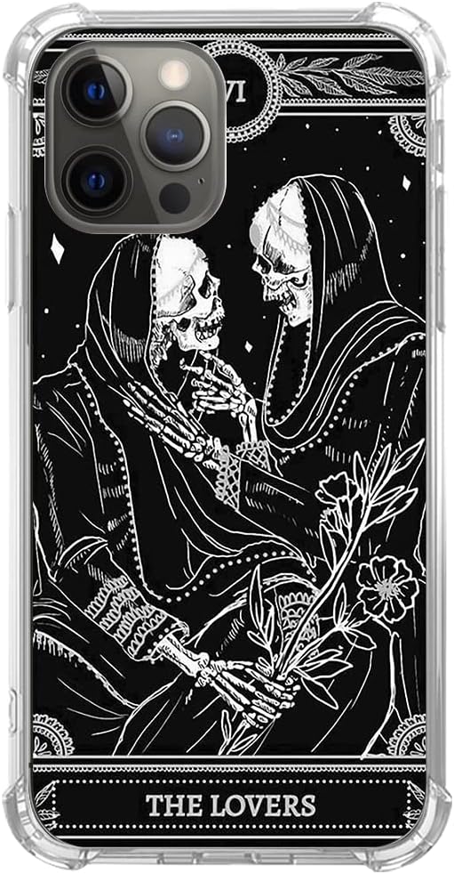 The Lovers Tarot Card Skull Black Case for iPhone 12/12 Pro, Trippy Psychedelic Aesthetic Cool Skeleton Cover