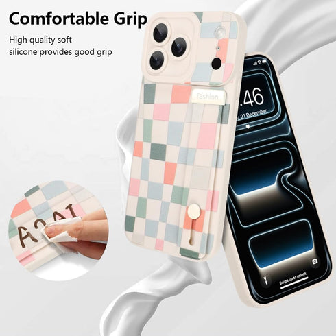 Jefonha 17 Case for iPhone Pro Silicone Phone Case with Strap for Women Girls Cute Aesthetic Checkered Checkerboard