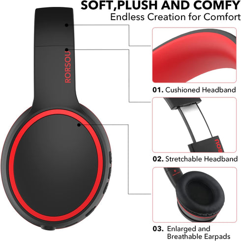 RORSOU B10 Bluetooth Headphones - Lightweight Over Ear, 50H Playtime, Wireless Stereo Bass, Mic, Volume Control, Black.