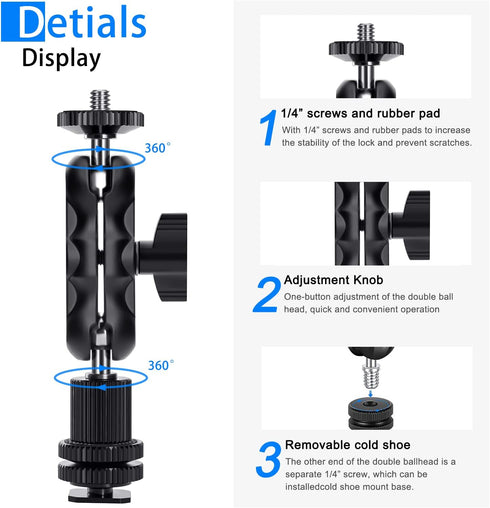 Magic Arm Cool Ballhead Double Ball Head Adapter with 1/4’’ Screw & Cold Shoe Mount - 2 Pack for Cameras