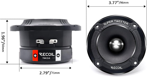 RECOIL TW250 High Compression Car Bullet Super Tweeters, 1-Inch Voice Coil, 400 Watts Max, Pair