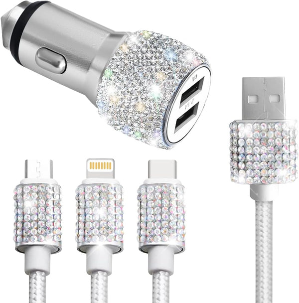 Bling Dual USB Car Charger with 3-in-1 Multi Fast Charging Cable, Dual Port Charger Adapter with Type C Micro USB Cord