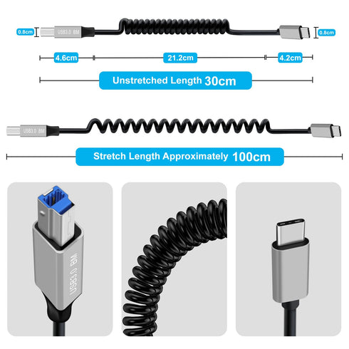 YINGAYOU 3.0 5Gbps, 1 Coiled USB c to B Printer Cable Coiled USB Printer Cable Super Speed for Scanner, External Hard