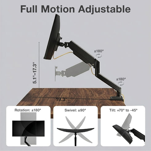 VYNTERA 1334 Setup Single Monitor Arm Desk Mount Adjustable Gas Spring Monitor Stand for Screens, Full Motion Swivel
