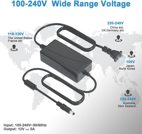 ZYHKJYL 12V 5A 60W 100-240v, 5.5x2.5mm Power Supply for LED Light Strips(with a Female DC Connctor), Security Camera
