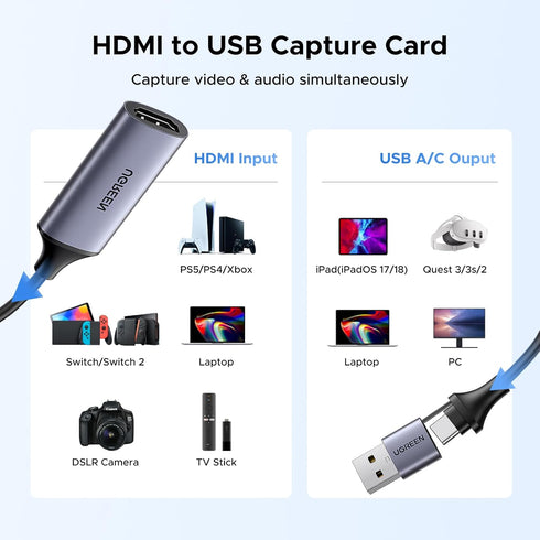 UGREEN 1080P 4K 2.0 2/Xbox/PS4/PS5/Camera Full HD Capture Card HDMI to USB HDMI Video Capture Card USB-A/USB-C Audio