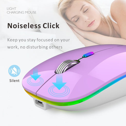 Uiosmuph LED Wireless Mouse, G12 Slim Rechargeable Wireless Silent Mouse, 2.4G Portable Optical Computer Mice with USB Receiver and Type C Adapter (Purple)