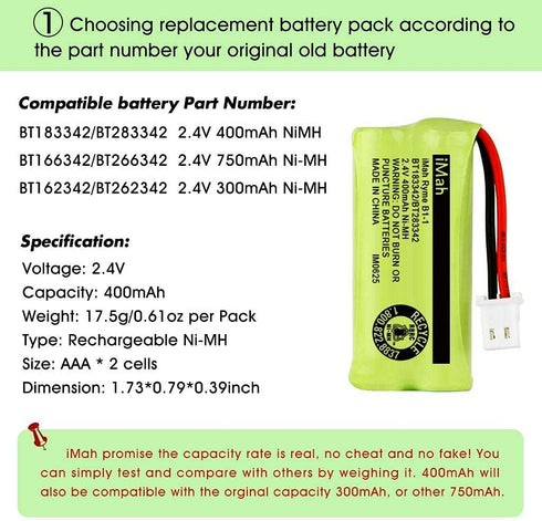 iMah BT183342/BT283342 2.4V 400mAh Ni-MH Battery, 2-Pack Compatible with AT&T and VTech Handsets