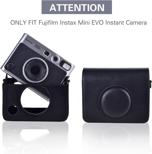 Rieibi Mini EVO Case - Retro PU Leather Protective Case for Fujifilm Instax Mini EVO Instant Camera - Removable Case with Adjustable Shoulder Strap - Black