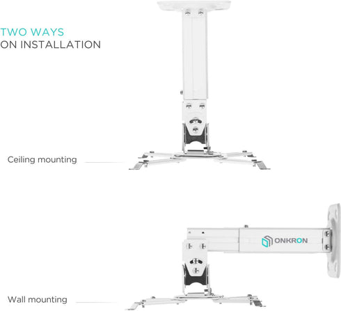 ONKRON Universal Projector Mount Ceiling & Wall up to 22 lbs - Extendable Projector Ceiling Mount Adjustable Height with Swivel and Tilt - Ceiling Mount Projector Bracket/Projector Wall Mount White