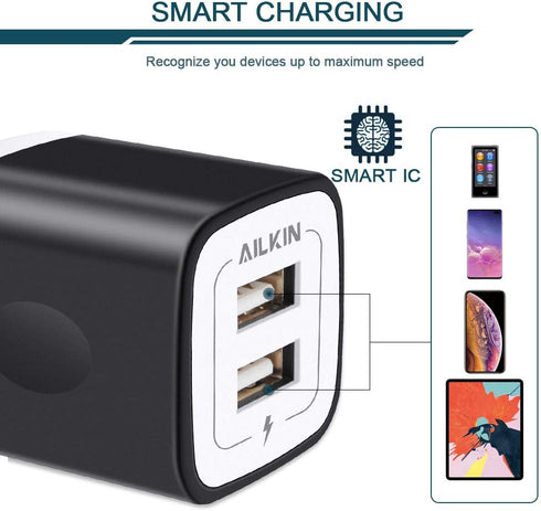 USB Wall Charger / Ailkin 3-Pack 2.1Amp Dual Port Fast Charging Adapter / Cube Box for iPhone 15 14 Pro 13 12 SE XS 8