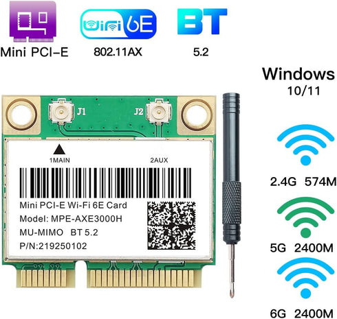 WiFi 6E Half Mini PCI-E Network Card, 802.11AX AC MPE-AXE3000H, 5400Mbps Wireless Card, BT5.2 for Windows 10/11 PC