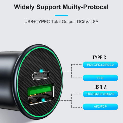 USB-C Car Charger Adapter, Mini All-Metal Dual Ports Fast Charging 60W PD + 30W QC3.0 Universal for iPhone, Samsung