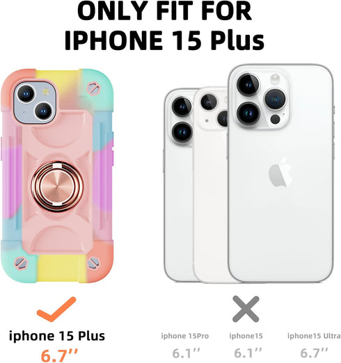 MARKILL iPhone 15 Plus Case (6.7") - Rugged Heavy Duty, Military Grade Drop Protection, Rotate Ring Stand, Rainbow Pink.