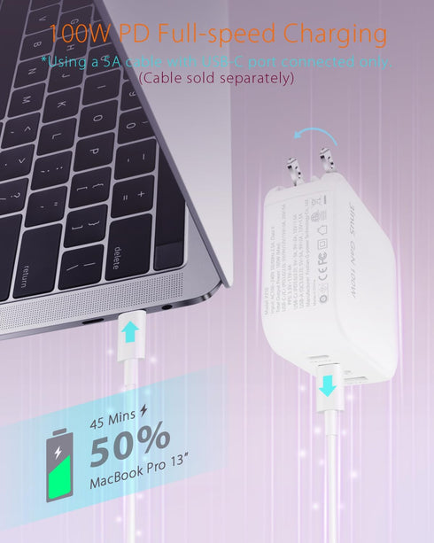100W USB C GaN Wall Charger, Foldable 4-Port PD USB-C Charger with Traveller Adapters for Phones and Laptops
