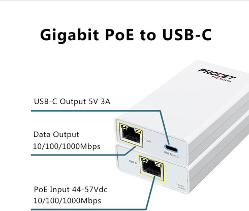 Gigabit PoE Splitter USB C 5V 3A, PoE to USB-C Adapter for Raspberry Pi 4, Security IP Cameras, IEEE 802.3at