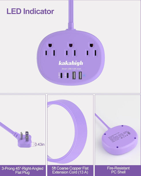kakahigh 5 1625W 3 4 (24W/4.8A), Purple Extension Cord with USB C - FT Flat Power Strip, Cute Extension Cord with AC