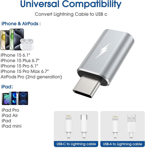 TechMatte 2 Pack Lightning to USB-C Adapter, 15W Fast Charging, Compatible with iPhone 15 and More Type C Devices