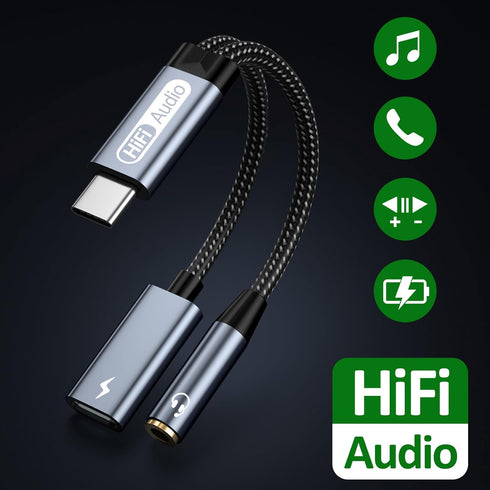 USB C to 3.5 mm Headphone and Charger Adapter, 2-in-1 USB C to 3.5 mm Female and USB C Charging Port, Fast Charging