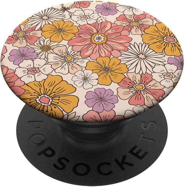 Retro Flowers Meadow Floral Groovy 70s PopSockets Adhesive PopGrip, Peach Orange Pink