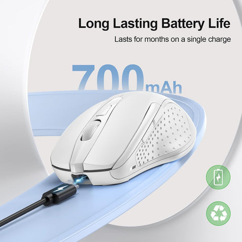 TECKNET Rechargeable Wireless Mouse, 2.4G Silent Mouse, Quiet Click, 6 Adjustable 4800 DPI, Cordless Computer Mouse, Ergonomic Mouse for Laptop, 6 Buttons USB Mouse for Chromebook, Ergo Grip - White