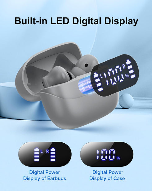 Wireless Earbuds with 42H Playtime, Bluetooth 5.3 Headphones, HiFi Stereo Noise Cancelling Earphones, Gray