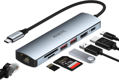 KOZYC USB C Hub Ethernet Multiport Adapter, 7-in-1 with HDMI 4K@60Hz, 100W PD, Compatible with MacBook Air/Pro