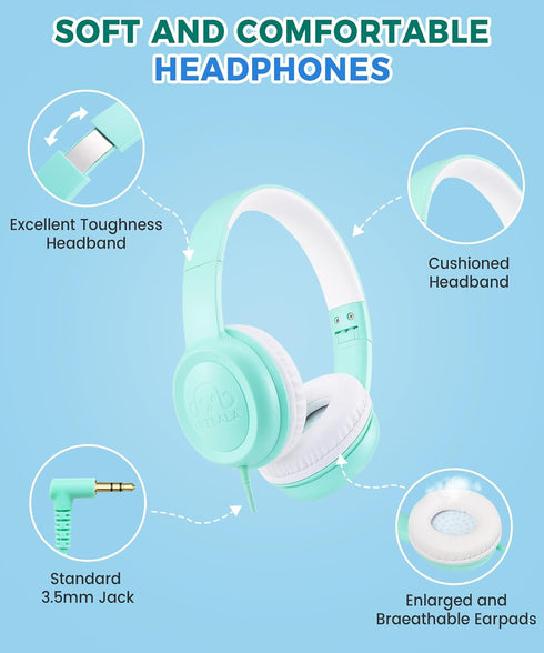 C3 Kids Headphones Wired, On-Ear, Foldable, Adjustable Headband, 3.5mm Jack, Teal, for Boys and Girls