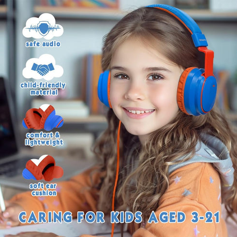 Headphone Kids Volume Limited 85/96dB Wired Over-Ear/On-Earr Foldable Headset with Inline Cable Aux 3.5mm Cord Mic for Boy Girl Child School PC Notebook Tablet Blue