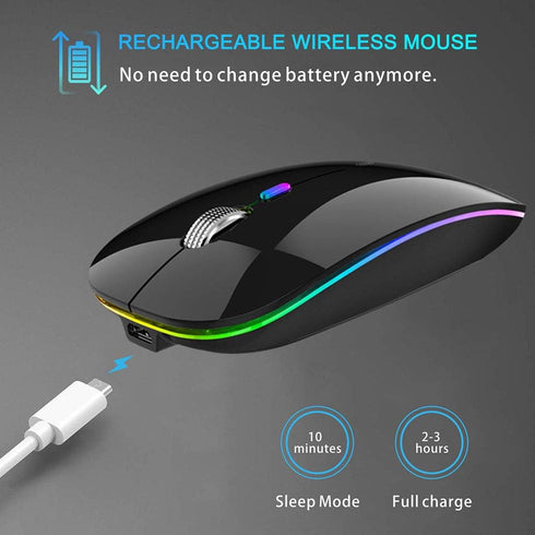 TENMOS Wireless Bluetooth Mouse, LED Slim (Bluetooth 5.1 + USB) 2.4GHz Rechargeable Silent Mouse with Type C Adapter,
