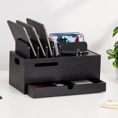 Homde Natural Bamboo Charging Station Rack for Multiple Devices, Cable Cord Management Box Organizer with 6 Slots Drawer
