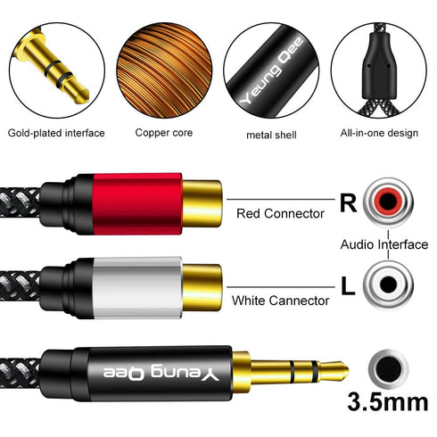 Yeung Qee 3.5mm to 2RCA Female Cable, 3ft Male to 2 RCA Female Jack Stereo Audio Y Adapter for iPod, Tablets, Speaker