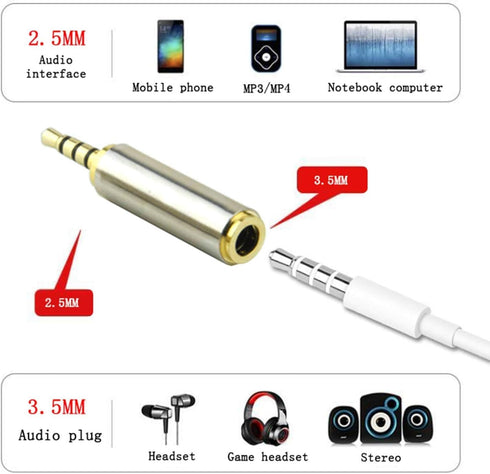 Adhiper 2.5mm Male to 3.5mm Female Audio Adapter, Gold Plated Aux Plug Splitter, 3 Ring Jack Support (2 Pack)