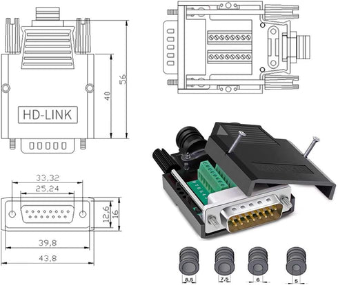 DB15 Solderless Male RS232 D-SUB Serial Adapters, 15 Pin Port Terminal Solderfree Breakout Board Connector with Case