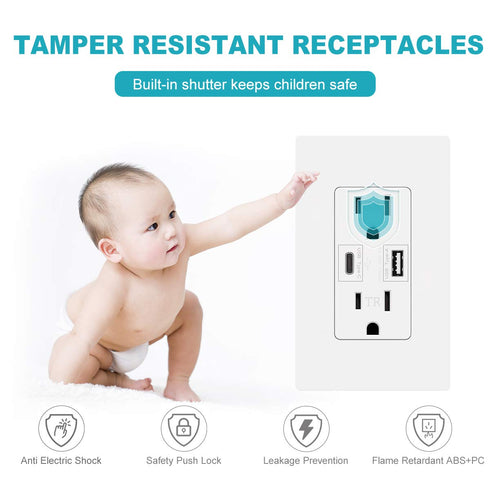 Micmi USB C Outlet PD 24W Power Delivery Type C + A Receptacle, 4.8A In-Wall Charger 125 Volt with Screwless Wall Plate